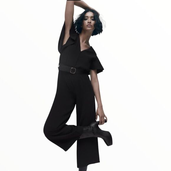 ZARA | Black | BELTED RUFFLED JUMPSUIT - Picture 10 of 12